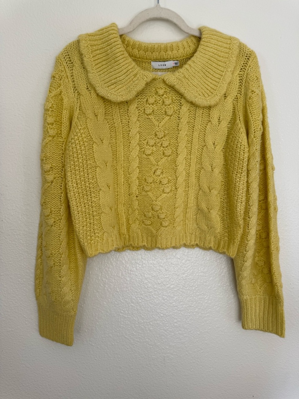 Lush Yellow Cropped Cable Knit Sweater with Peter Pan Collar